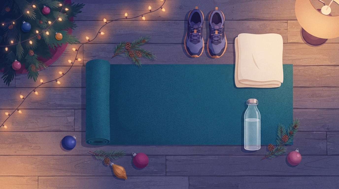 Draufsicht auf eine Trainingsmatte auf einem Holzboden neben einem Weihnachtsbaum, mit Sneakern, einem Handtuch, einer Trinkflasche, Tannenzweigen und Glaskugeln