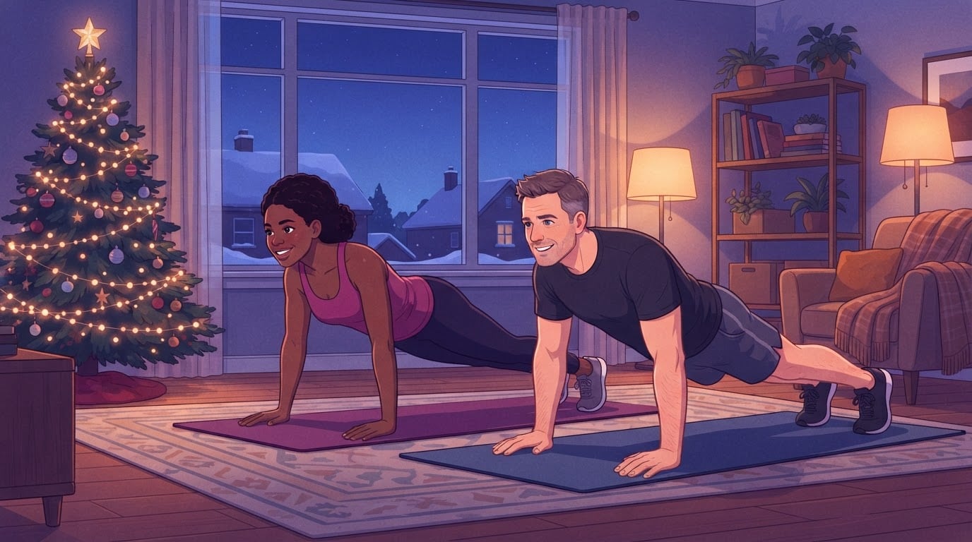 Zwei Erwachsene machen nebeneinander Liegestütze auf Trainingsmatten in einem Wohnzimmer mit einem beleuchteten Weihnachtsbaum in der Abenddämmerung