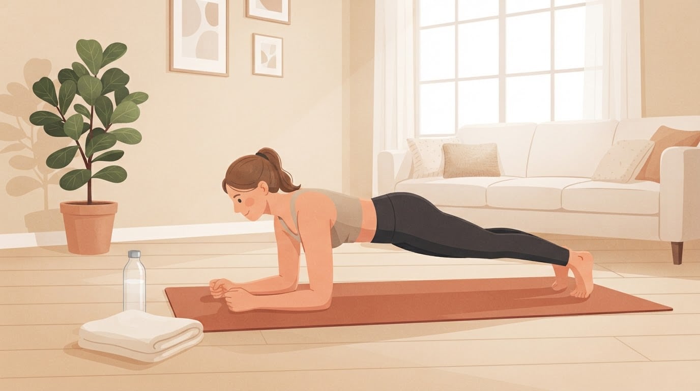 A woman holds a forearm plank on an exercise mat in a sunny living room, part of a 30 day workout challenge done at home