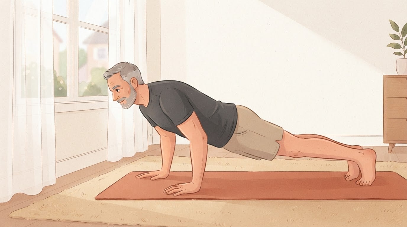 A man does push-ups on a mat beside a window, one set of a 100 push-ups a day challenge split into sets