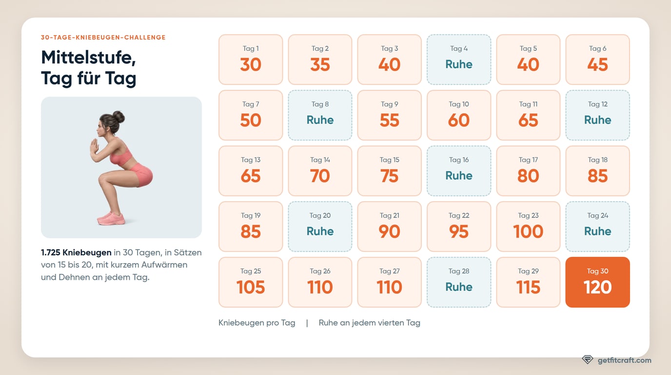 Die 30-Tage-Kniebeugen-Challenge in der Mittelstufe als 30-Tage-Kalender: 30 Kniebeugen an Tag 1, steigend auf 120 an Tag 30, mit Ruhe an den Tagen 4, 8, 12, 16, 20, 24 und 28