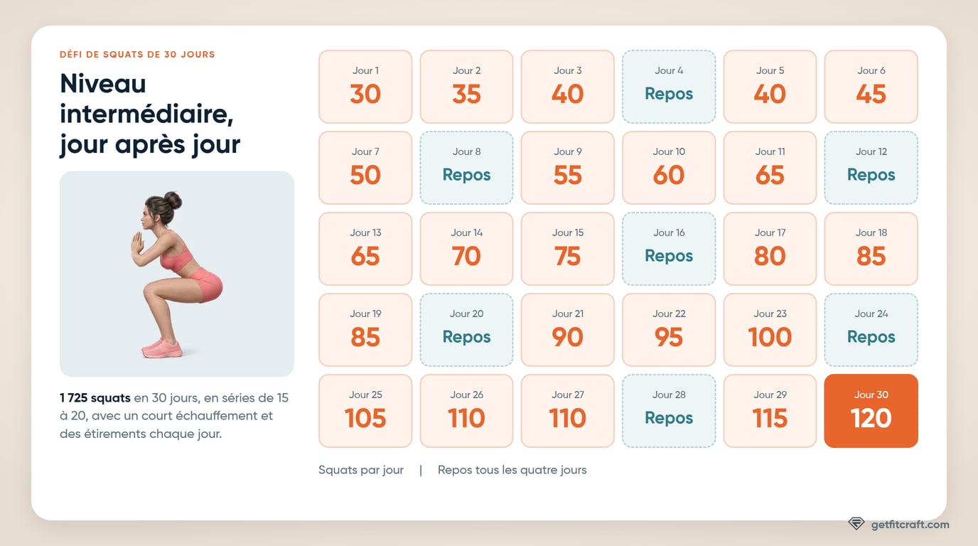 Le défi de squats de 30 jours au niveau intermédiaire sous forme de calendrier de 30 jours : 30 squats au jour 1 jusqu'à 120 au jour 30, avec repos aux jours 4, 8, 12, 16, 20, 24 et 28
