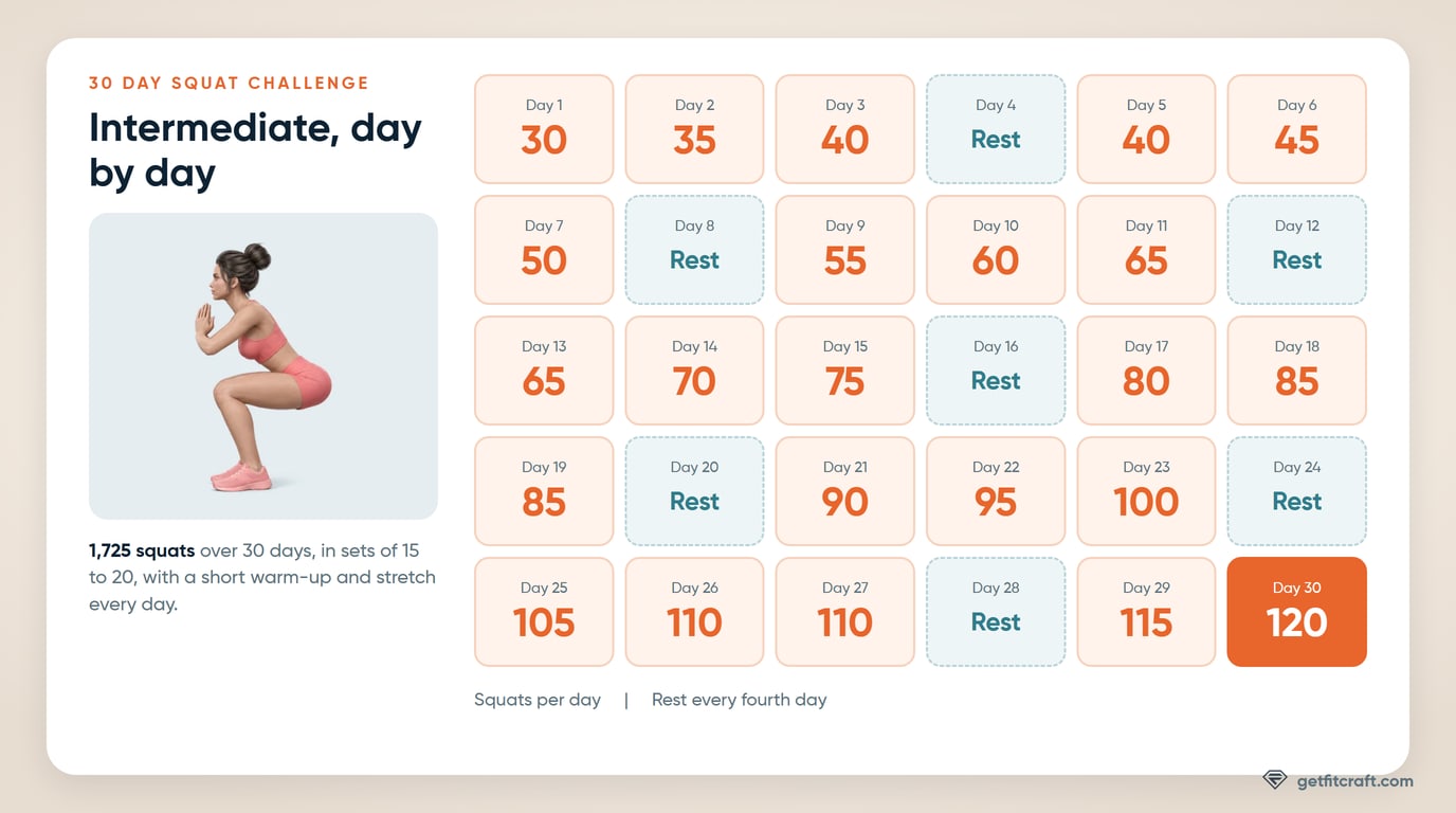 The 30 day squat challenge at Intermediate as a 30-day calendar: 30 squats on day 1 rising to 120 on day 30, with rest on days 4, 8, 12, 16, 20, 24 and 28