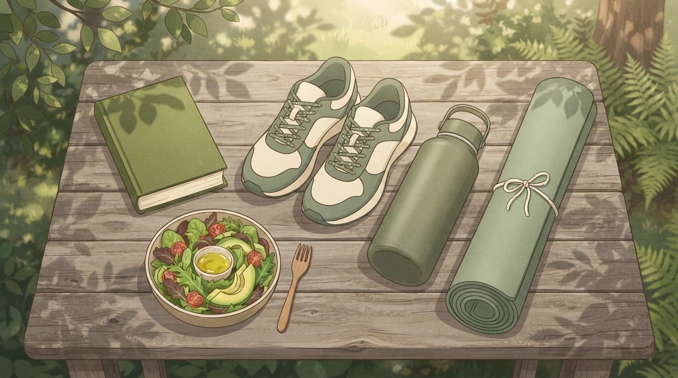The four 75 Soft habits laid out on a garden table: running shoes, a rolled exercise mat, a water bottle, a book and a bowl of salad
