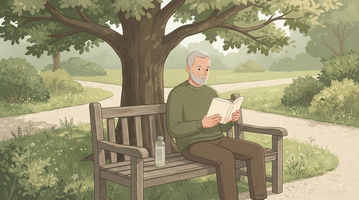 An older man reading a book on a park bench under an oak tree, with a water bottle beside him
