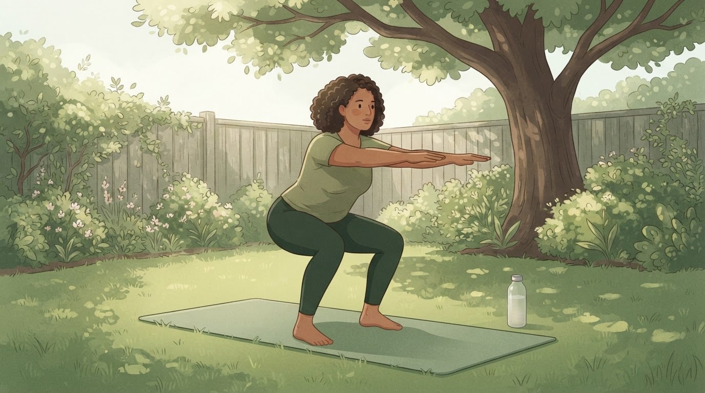 A woman doing a bodyweight squat on an exercise mat in a leafy backyard, with a water bottle on the grass