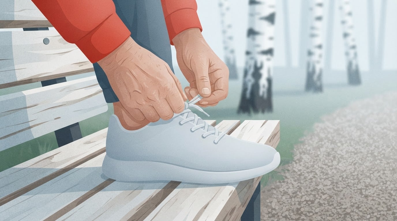 Illustration des mains d'un homme septuagénaire nouant les lacets d'une chaussure de course grise, sur un banc en bois de bouleau à côté d'un chemin de parc, par un matin couvert