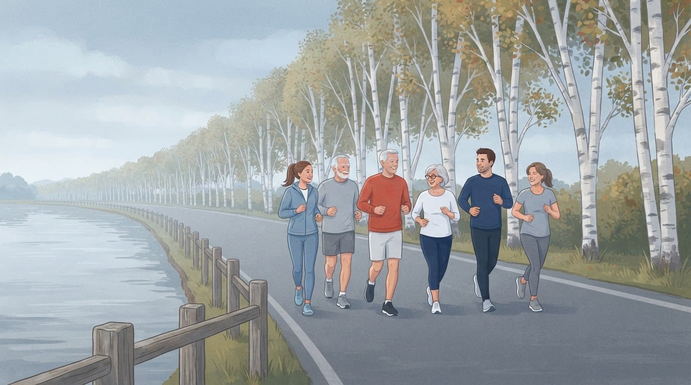 Illustration de six coureurs d'âges très différents, de jeunes femmes d'une vingtaine d'années à des coureurs aux cheveux gris de soixante et de soixante-dix ans, courant ensemble sur une route bordée de bouleaux au bord d'une rivière, par un matin couvert