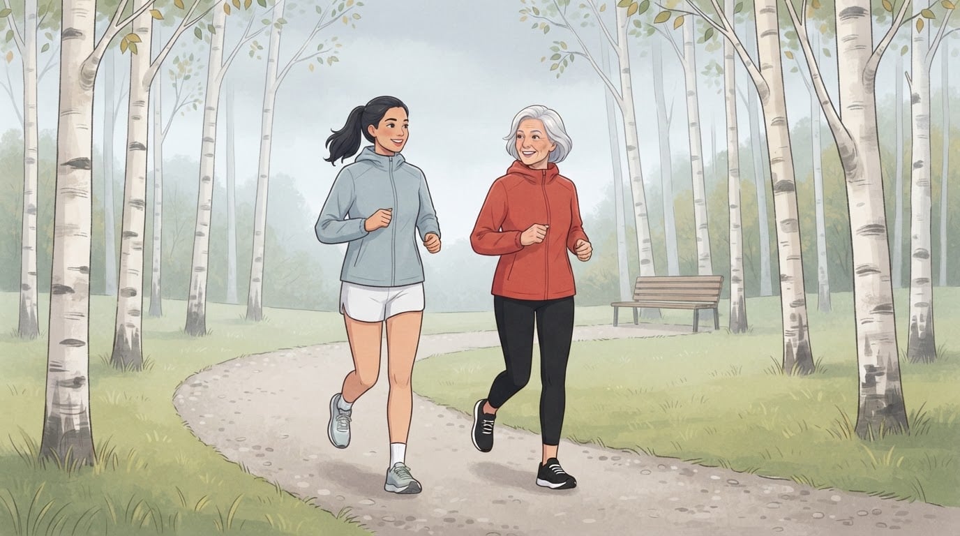 Illustration d'une femme de bientôt trente ans et d'une femme de bientôt soixante-dix ans courant côte à côte, au même rythme tranquille, sur un chemin de parc bordé de bouleaux, sous un ciel couvert