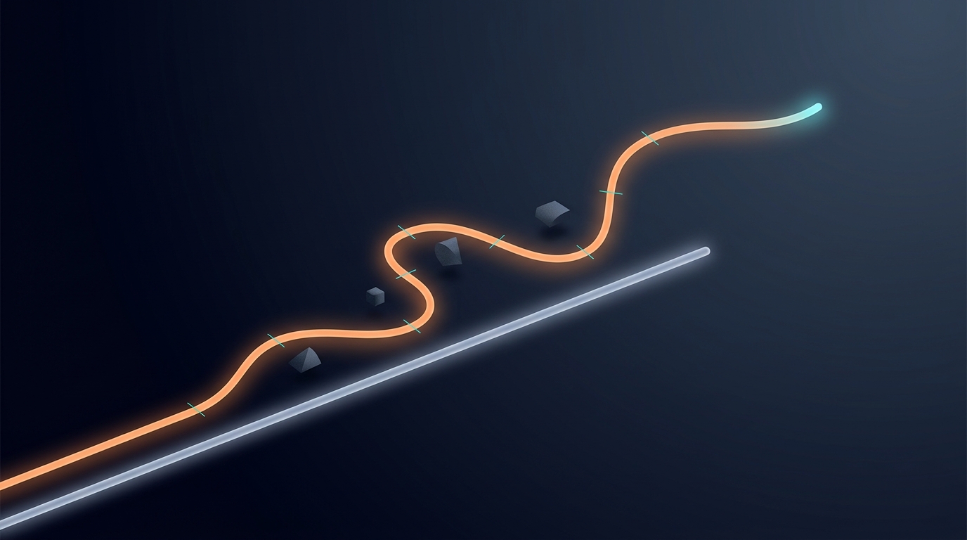 Conceptual illustration comparing a rigid straight rail that stops short with a flowing adaptive path that curves around obstacles and continues climbing, representing a static workout plan versus an adaptive coach