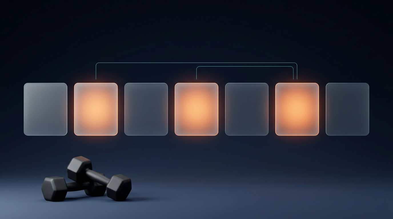 Conceptual illustration of a week shown as seven panels with three lit up, representing a three day per week workout split generated around available training days