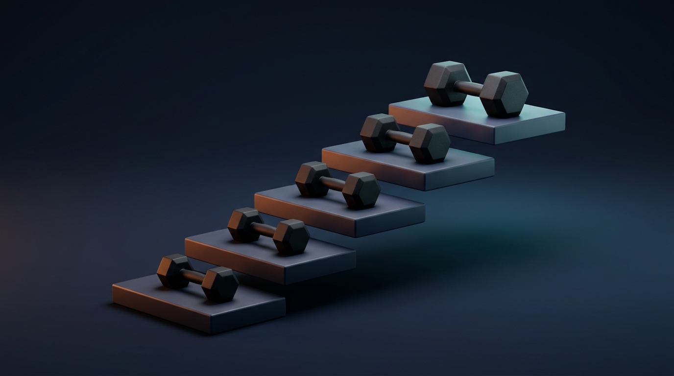 Conceptual illustration of five ascending platforms each holding progressively larger dumbbells, representing progressive overload across weeks of a workout plan