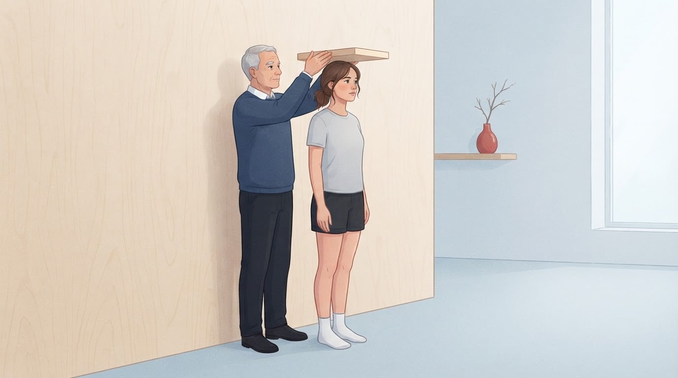 A woman in socks stands straight against a plain wooden wall with her chin level while an older man lowers a flat wooden block onto the top of her head to measure her height
