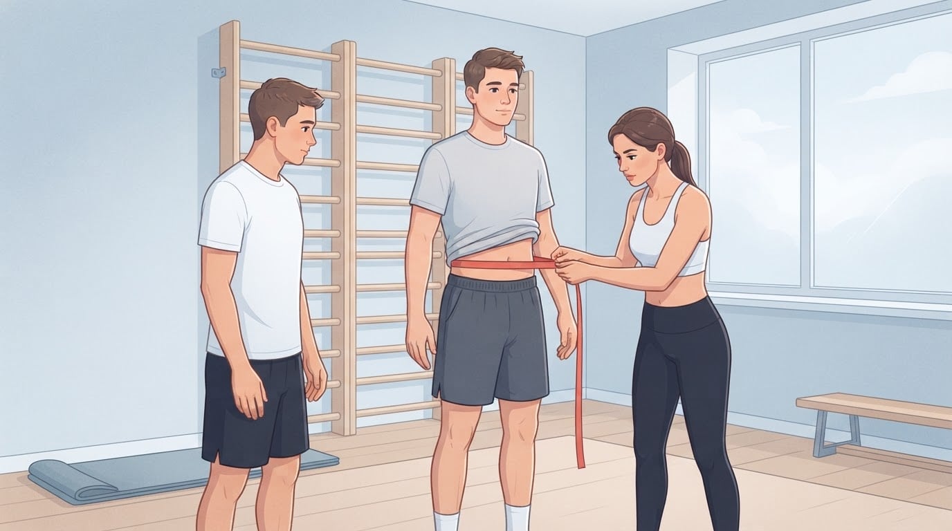 A young man in a grey T-shirt stands with his arms at his sides while a woman wraps a plain red tape level around his waist at the navel and a second man watches the tape placement