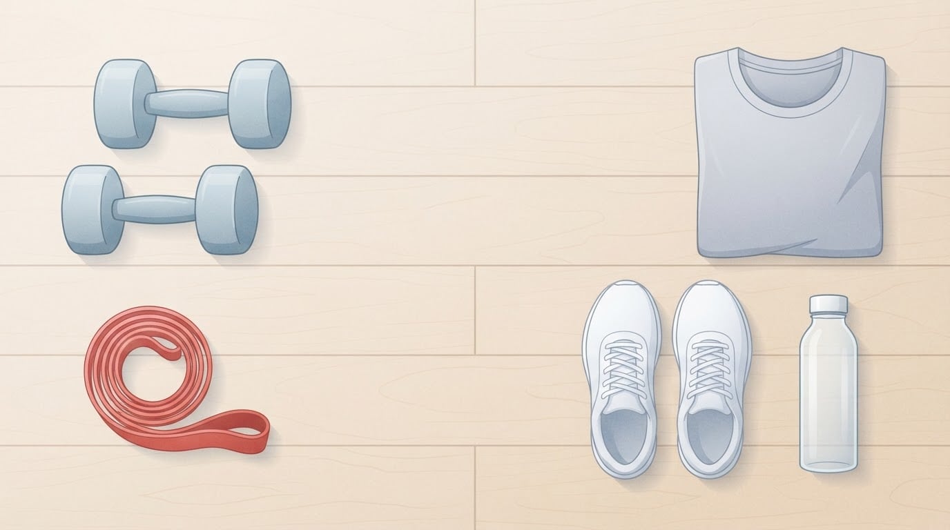 Overhead view of a pair of dumbbells, a red resistance band, white running shoes, a folded grey T-shirt and a water bottle laid out on a birch wood floor