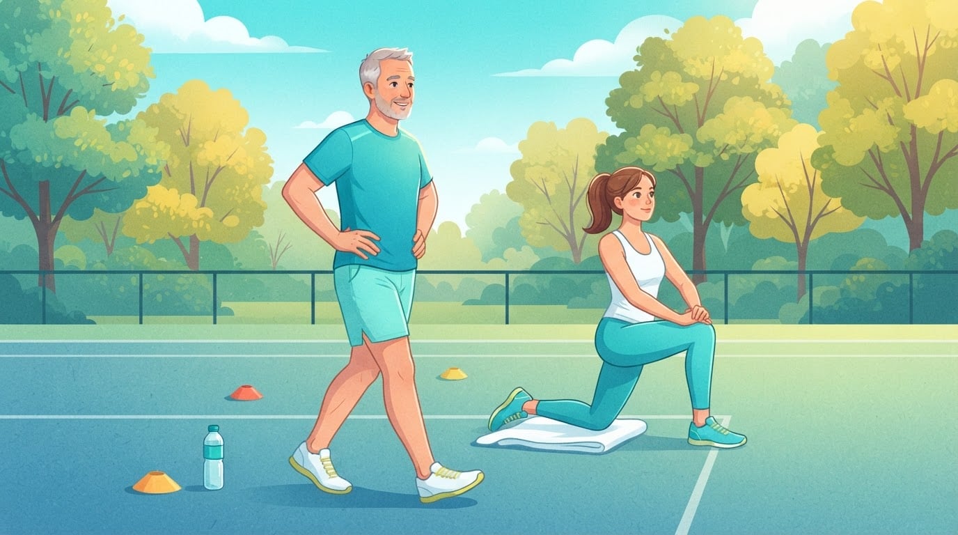 Un homme qui marche les mains sur les hanches pour reprendre son souffle pendant qu'une femme tient un étirement des fléchisseurs de la hanche en position demi-agenouillée après un test de course navette
