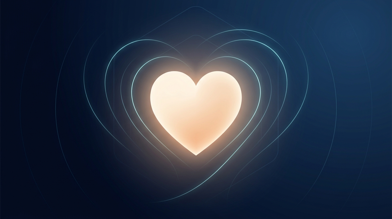 Illustration conceptuelle d'une silhouette de cœur lumineux avec des arcs de lumière concentriques, représentant l'indicateur de santé cardiométabolique que le rapport taille/taille prédit plus précisément que l'IMC