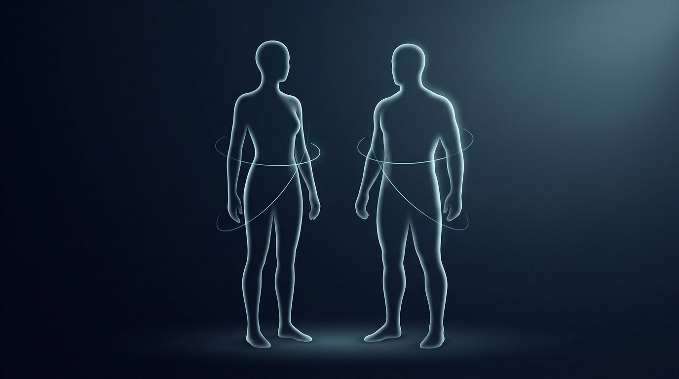Deux silhouettes humaines abstraites côte à côte avec des arcs de mesure autour de leur abdomen, illustrant le concept de mesure des proportions corporelles associant l'IMC au rapport taille/taille