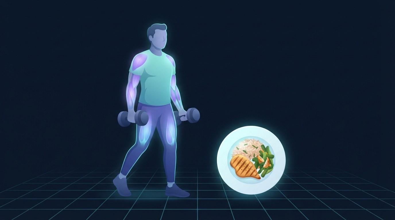 Illustration of a lifter carrying dumbbells beside a moderate plate of chicken, rice and vegetables, representing a small calorie deficit paired with resistance training