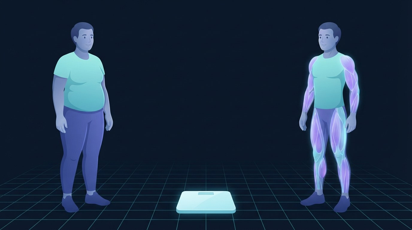 Illustration of two figures at the same body weight, one softer and one leaner with glowing muscle groups, with a blank scale between them showing that recomposition changes composition and not weight