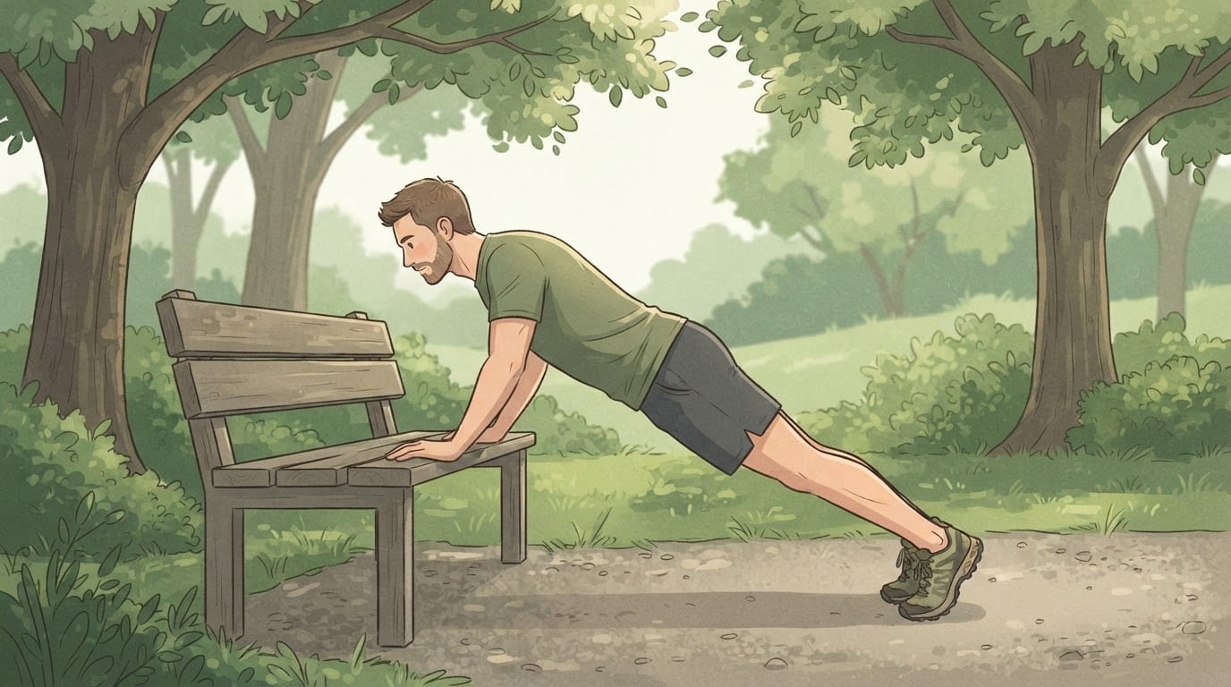 A man doing incline push-ups with his hands on a park bench, his body in a straight line from head to heels