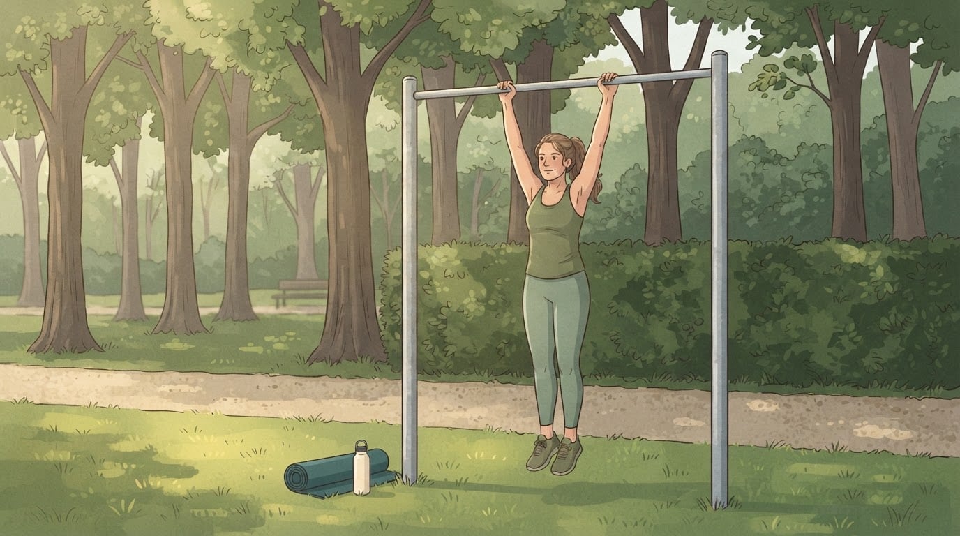A woman hanging from an outdoor pull-up bar in a park with straight arms, the first rung of the pull ladder with a bar