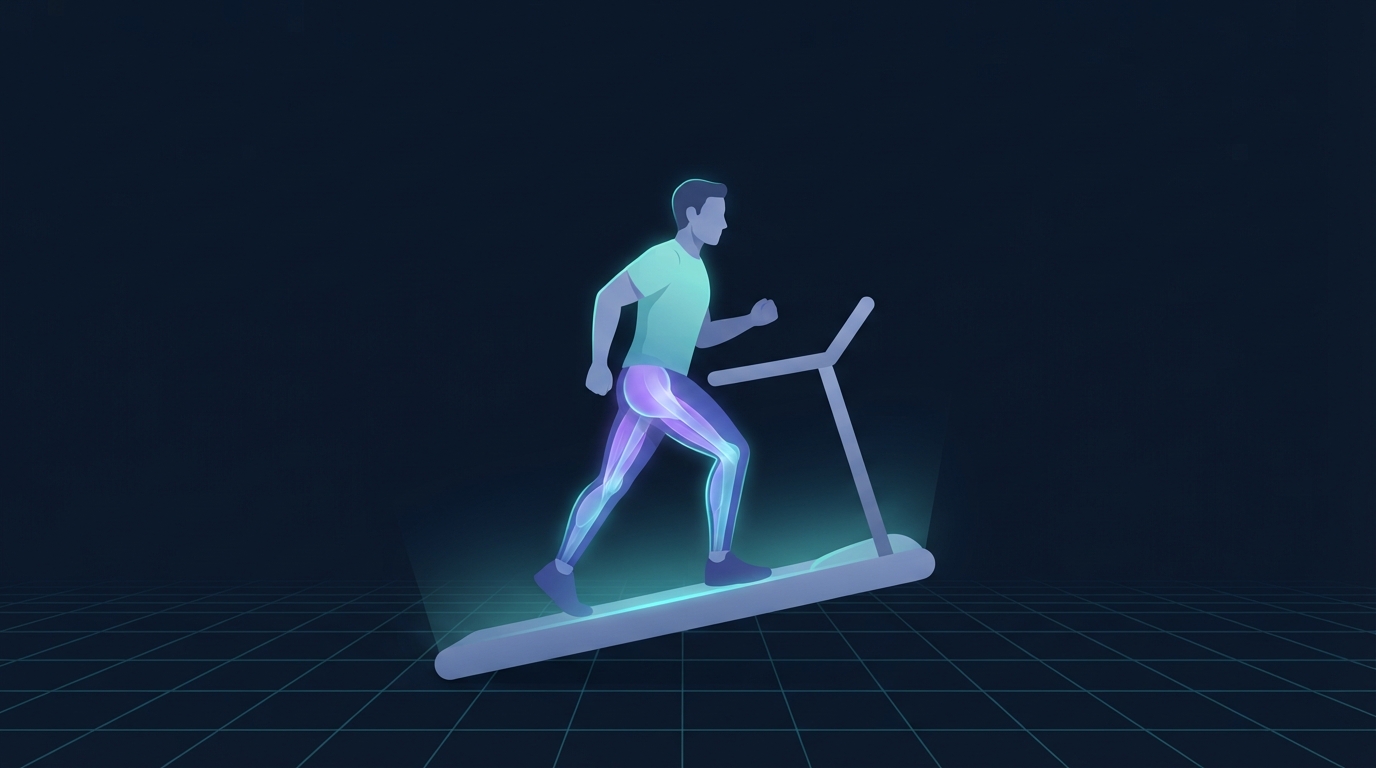 Illustration einer Person, die auf einem steil geneigten Laufband geht, wobei Gesäßmuskeln, hintere Oberschenkelmuskulatur und Waden hervorgehoben sind