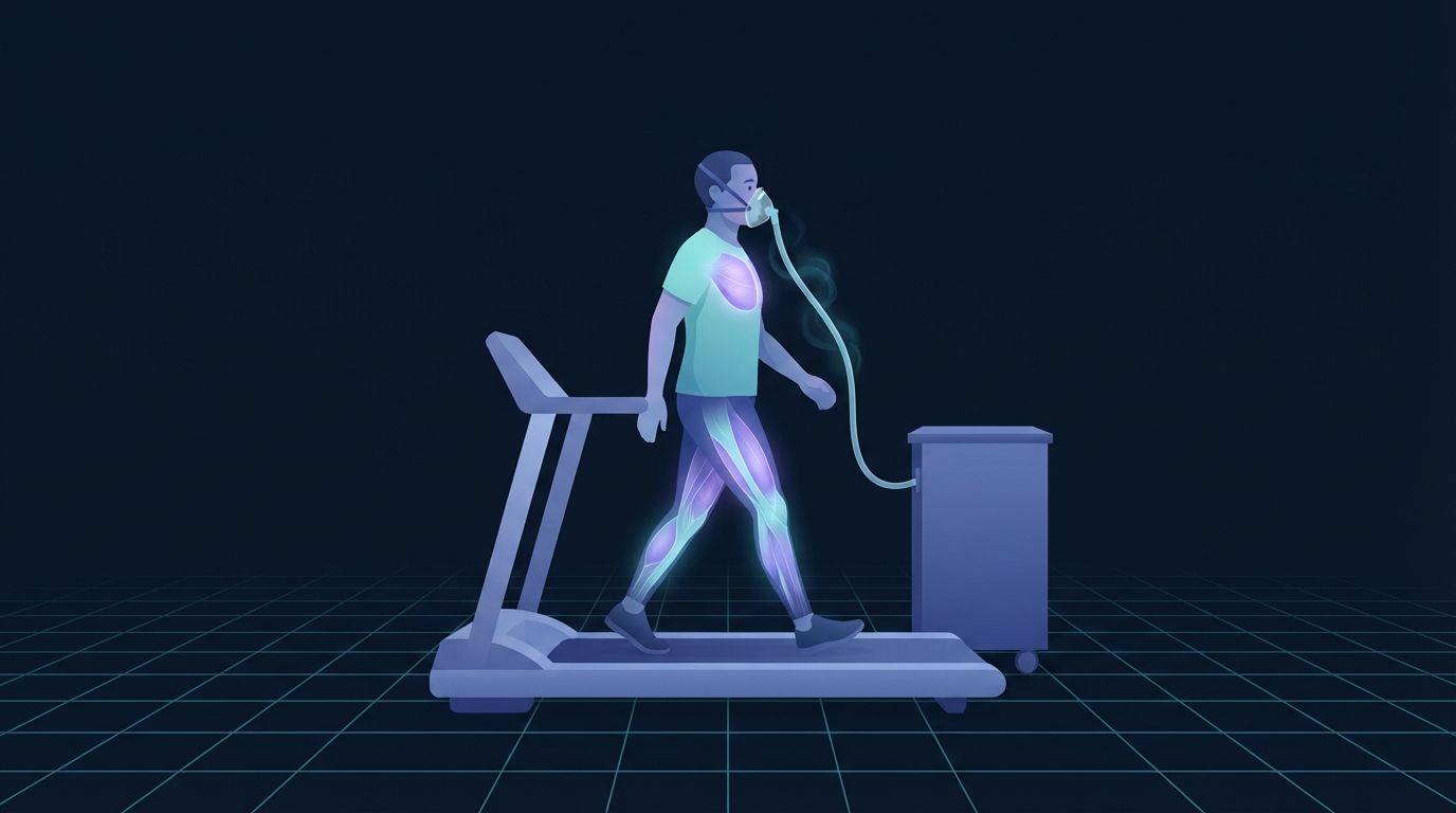 Illustration der indirekten Kalorimetrie beim Laufbandgehen, mit einer Atemmaske und einem Gasanalysewagen, die den Sauerstoffverbrauch messen