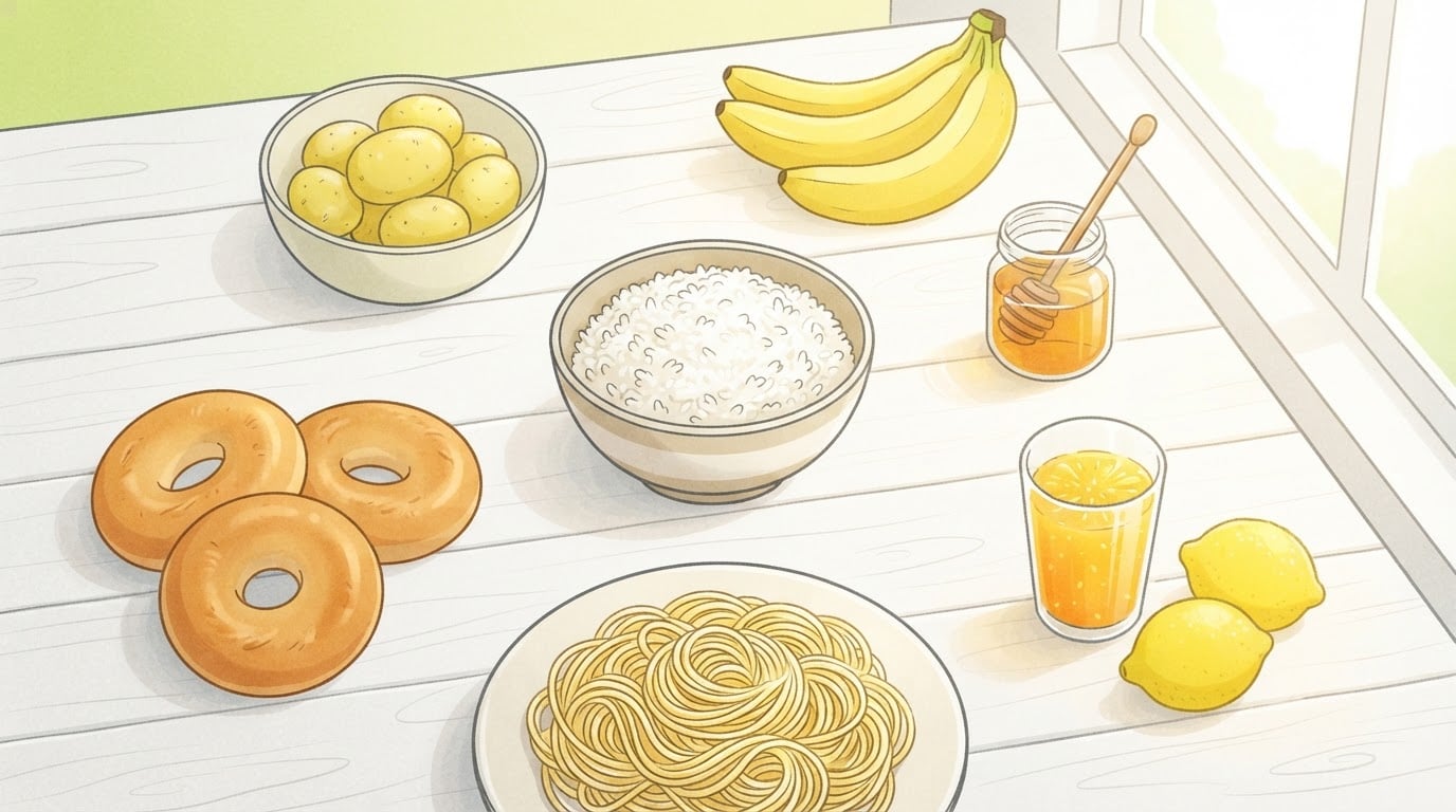 Ilustración desde arriba de alimentos ricos en carbohidratos sobre una mesa de madera blanca junto a una ventana soleada: un cuenco de arroz blanco, un plato de espaguetis, tres bagels, un cuenco de papas pequeñas, plátanos, un tarro de miel, un vaso de jugo de naranja y dos limones