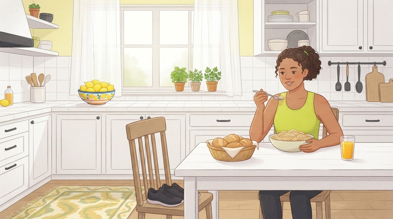 Ilustración de una mujer de unos treinta años con una camiseta de correr verde lima que come un gran plato de pasta en una mesa de cocina soleada, con una cesta de panecillos, un vaso de jugo de naranja y unas zapatillas de correr sobre una silla vacía