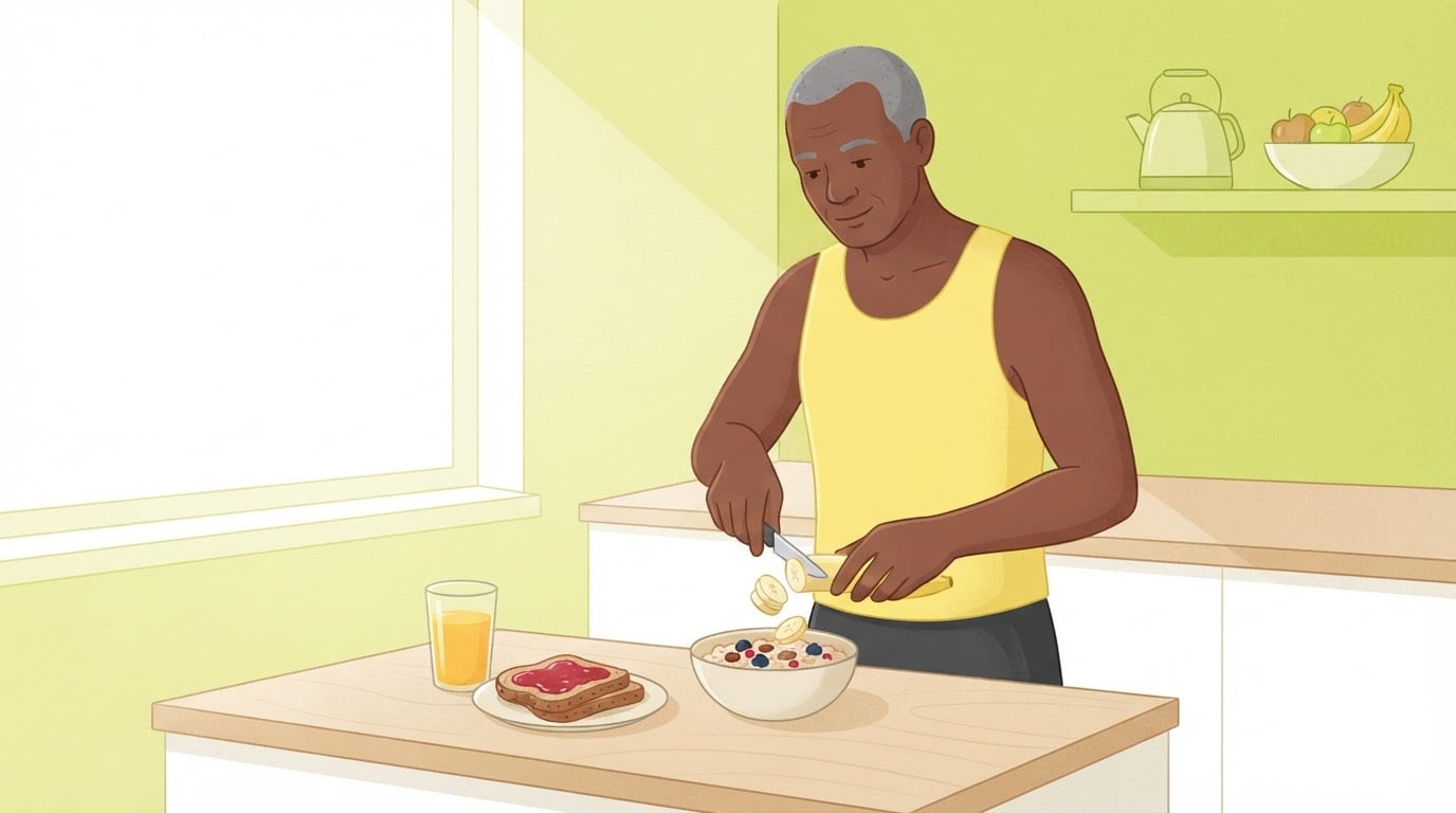 Ilustración de un hombre de unos cincuenta años con un chaleco de correr amarillo limón que corta un plátano sobre un cuenco de avena en la encimera de una cocina con luz de la mañana, con tostadas con mermelada y un vaso de jugo a su lado