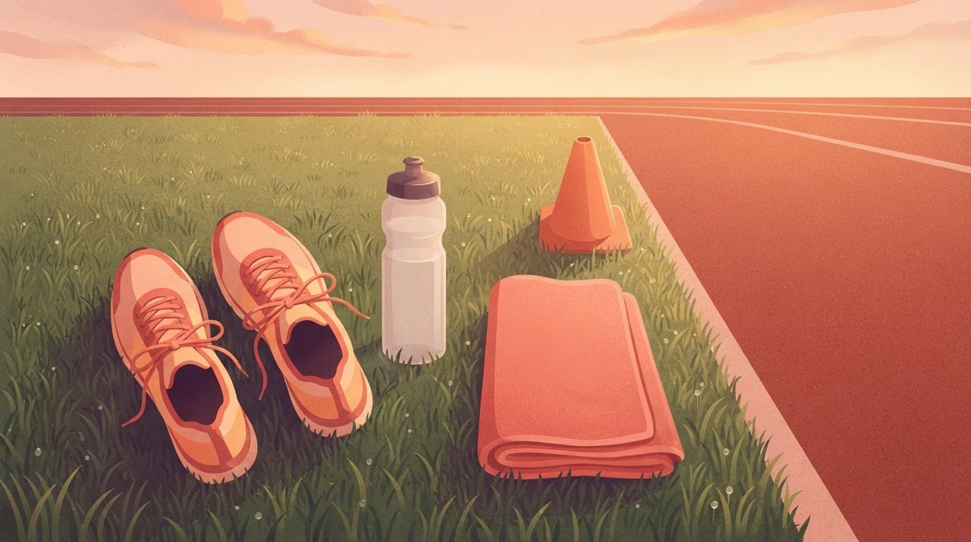 Draufsicht auf Laufschuhe, eine Trinkflasche, ein gefaltetes Handtuch und einen kleinen orangen Pylon auf dem Rasen neben einer Laufbahn bei Sonnenaufgang