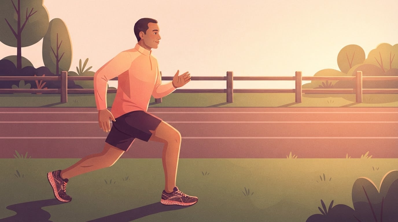 Mann in den Vierzigern macht vor einem Cooper-Test bei Sonnenaufgang einen Steigerungslauf auf dem Rasen neben einer Laufbahn zum Aufwärmen