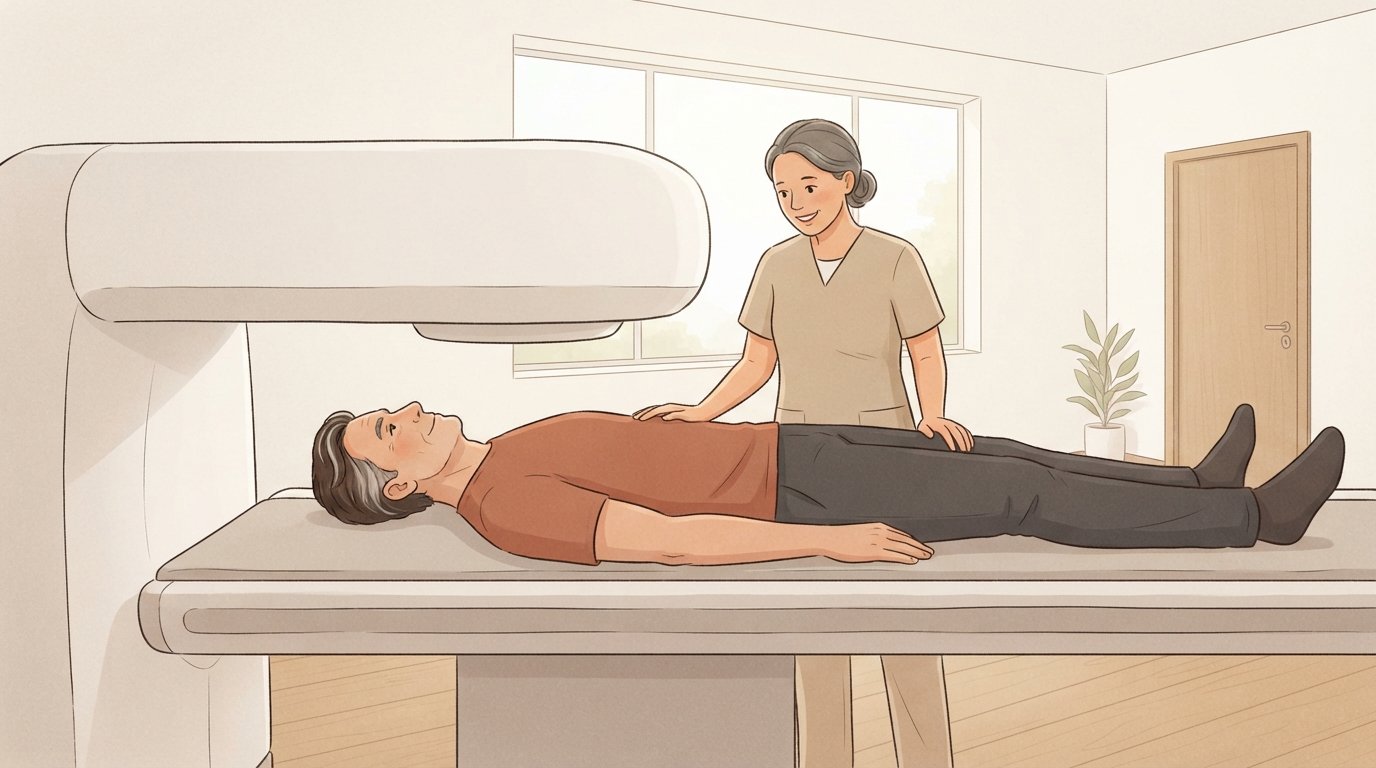 Homme allongé sur la table rembourrée d'un scanner de composition corporelle DXA pendant qu'un technicien se tient à ses côtés, la méthode de référence que plusieurs études sur le FFMI ont utilisée pour mesurer la masse sans graisse