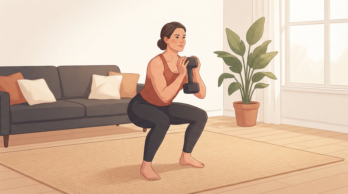 Femme dans la quarantaine effectuant un squat gobelet avec haltère sur un tapis tissé dans un salon baigné de lumière, le type d'entraînement en résistance qui augmente la masse maigre