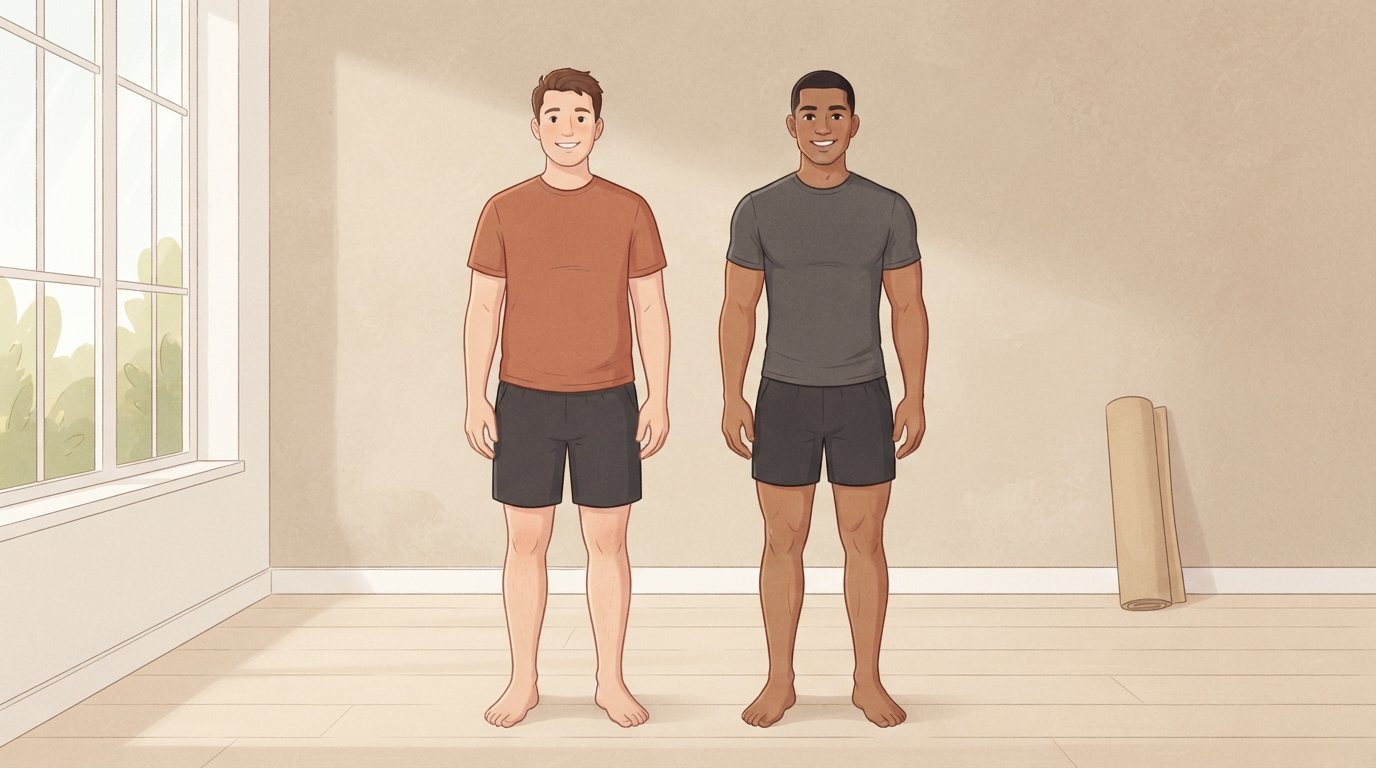 Deux hommes de même taille et de même poids corporel debout côte à côte dans un studio baigné de lumière, l'un plus mou au niveau du ventre et l'autre visiblement plus musclé, montrant pourquoi le FFMI compte la masse sans graisse plutôt que le poids total