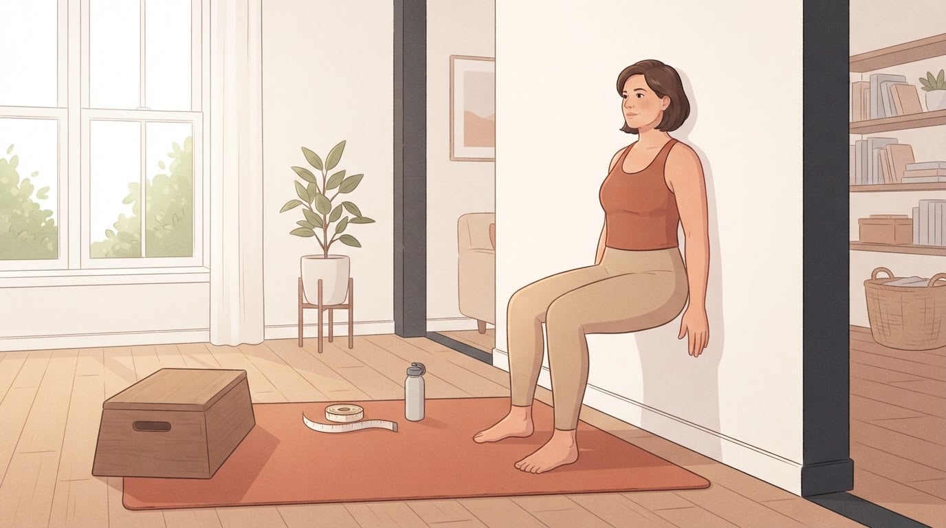 Eine Frau in ihren Vierzigern beim Wandsitzen an einer kahlen Wohnzimmerwand, mit einer Übungsmatte, einer niedrigen Stufenbox aus Holz und einem Maßband für einen Fitnesstest zu Hause