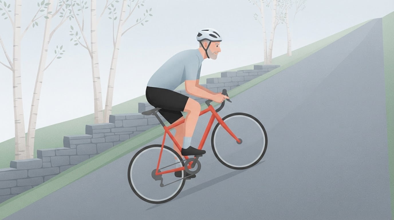 Ilustración de un hombre de barba gris con maillot azul grisáceo pálido que sube con una bicicleta de carretera roja por un empinado camino rural flanqueado de abedules y un muro de piedra