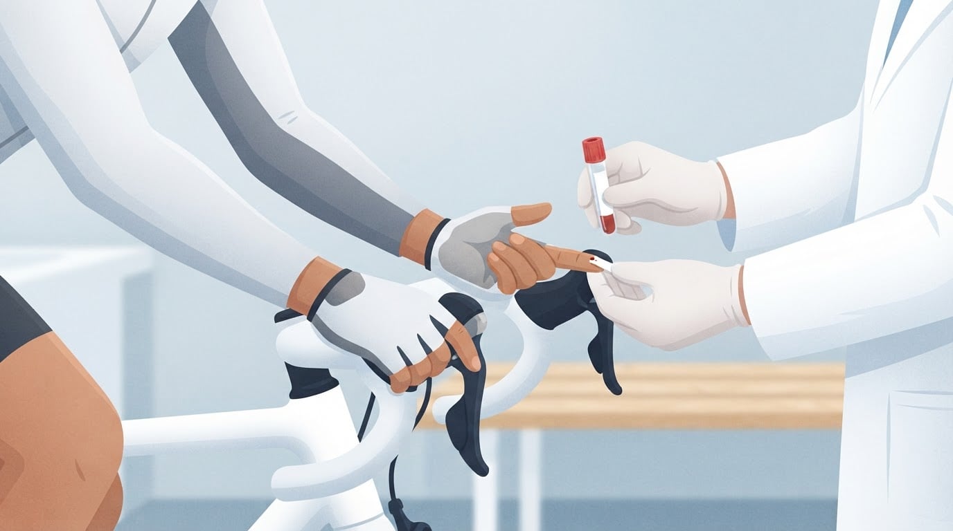 Ilustración de un científico del deporte con guantes blancos que toma una muestra de sangre de la yema del dedo de la mano de un ciclista apoyada en el manillar de una bicicleta de laboratorio, mientras sostiene un tubo de muestras con tapón rojo