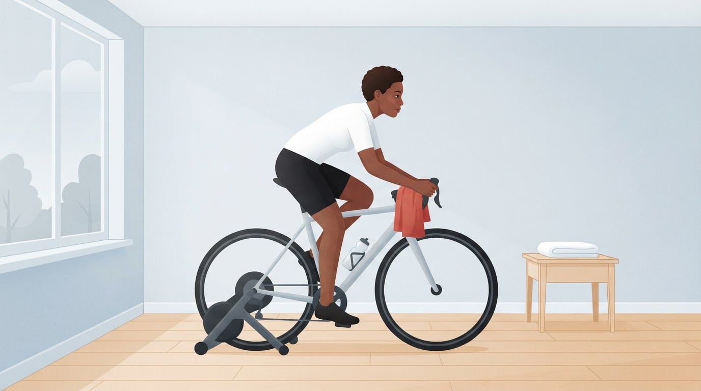 Ilustración de una mujer con maillot blanco que pedalea una bicicleta de carretera sobre un rodillo en una habitación azul grisáceo pálido con suelo de madera de abedul y una toalla roja sobre el manillar
