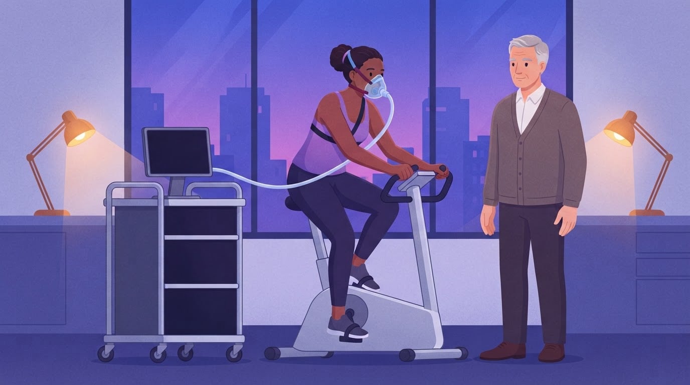 Ilustración de una joven que pedalea en una bicicleta estática de laboratorio a un esfuerzo constante con una mascarilla conectada por un tubo a un carro de análisis de gases, mientras un investigador la observa a su lado en un laboratorio al atardecer