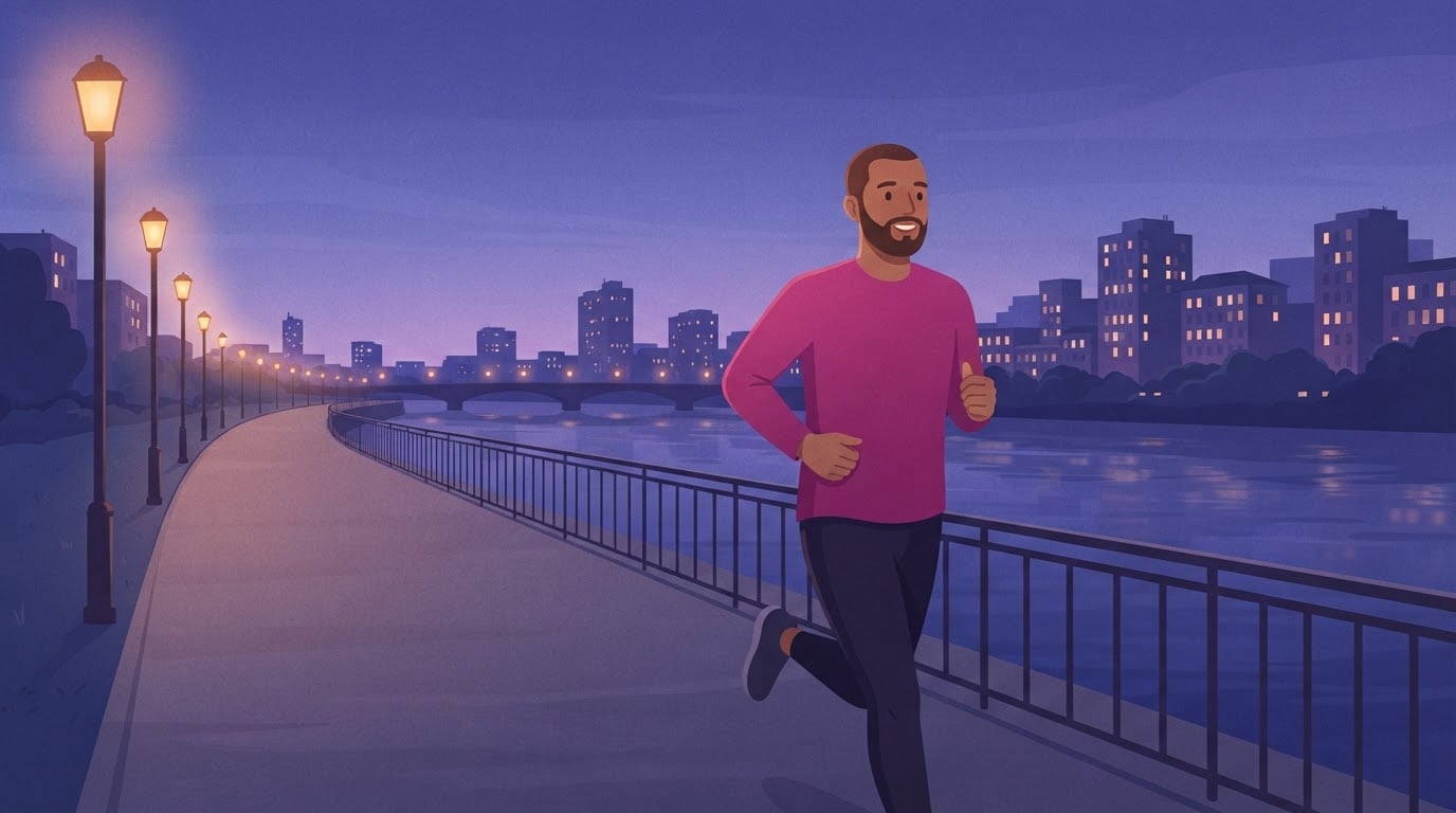 Ilustración de un hombre con barba y camiseta de manga larga magenta que corre a ritmo constante por un camino iluminado con farolas junto a un río de una ciudad en la hora azul