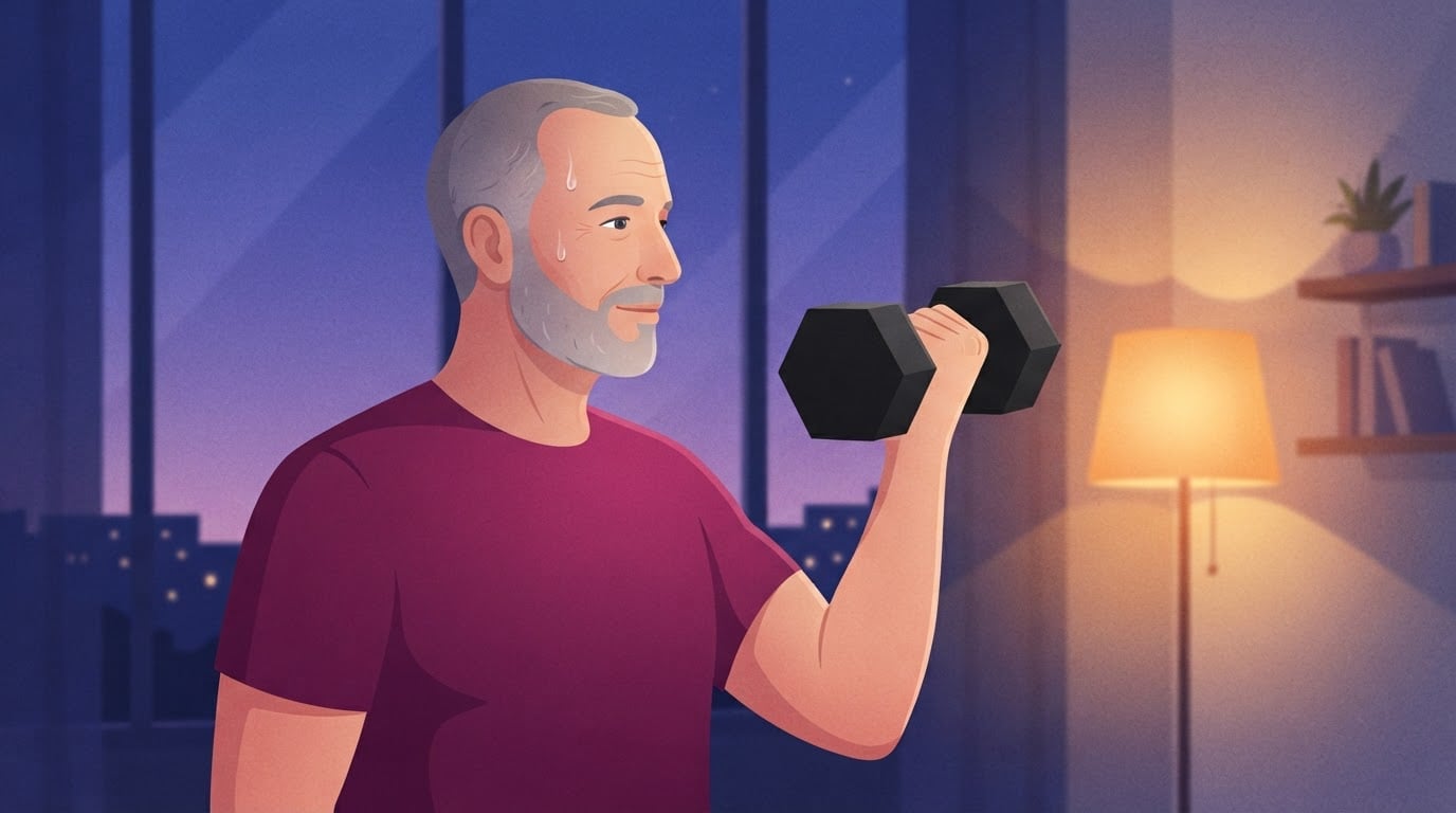 Ilustración de un hombre canoso de unos cincuenta años con una camiseta magenta que hace un curl con una mancuerna hexagonal negra lisa en un apartamento iluminado por lámparas al anochecer