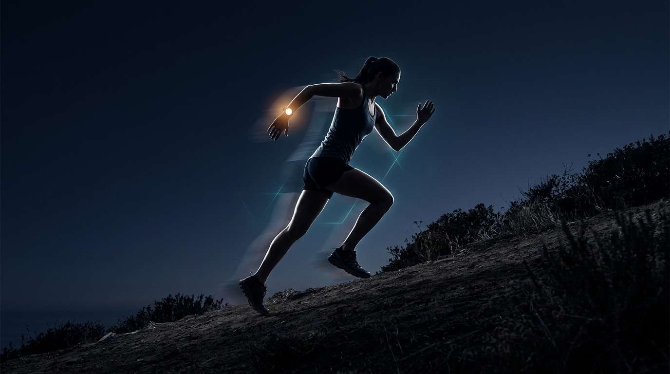 Conceptual illustration of a runner at peak effort climbing a steep incline with a wrist heart rate monitor glowing, representing a field test to find true maximum heart rate