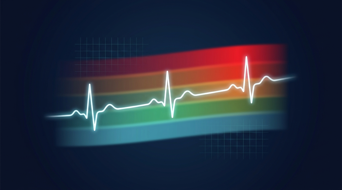 Conceptual illustration of a heart rate curve divided into five colored training zones from light recovery to intense max effort, arranged over a stylized cardiogram line