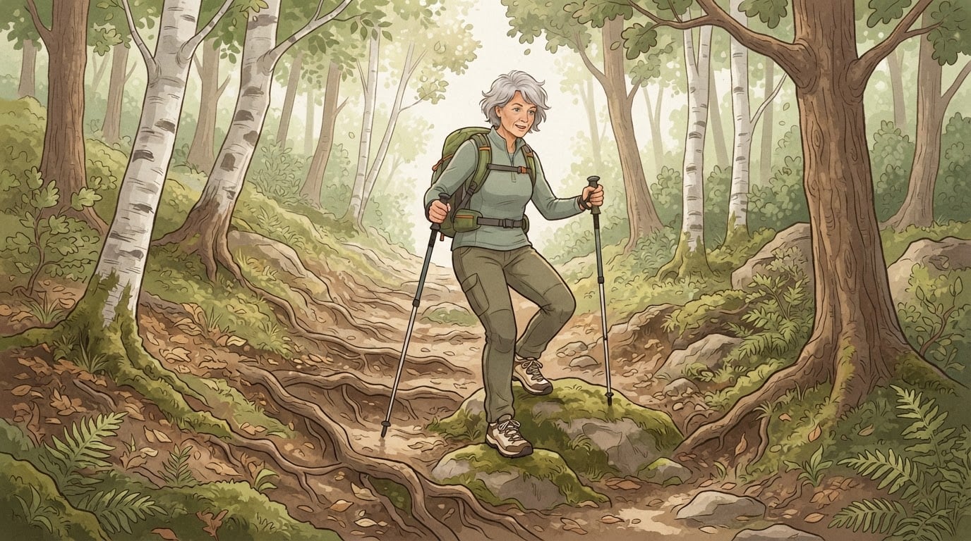 Ilustración de una mujer de pelo canoso de unos sesenta años que baja con cuidado por un sendero de bosque empinado y cubierto de raíces con dos bastones de trekking