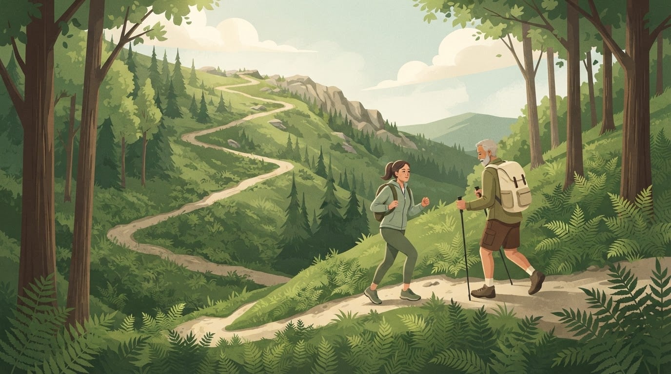 Ilustración de dos senderistas, una mujer de unos treinta años y un hombre de pelo canoso con bastones de trekking, en un sendero de bosque que zigzaguea por una ladera verde hacia una cresta rocosa