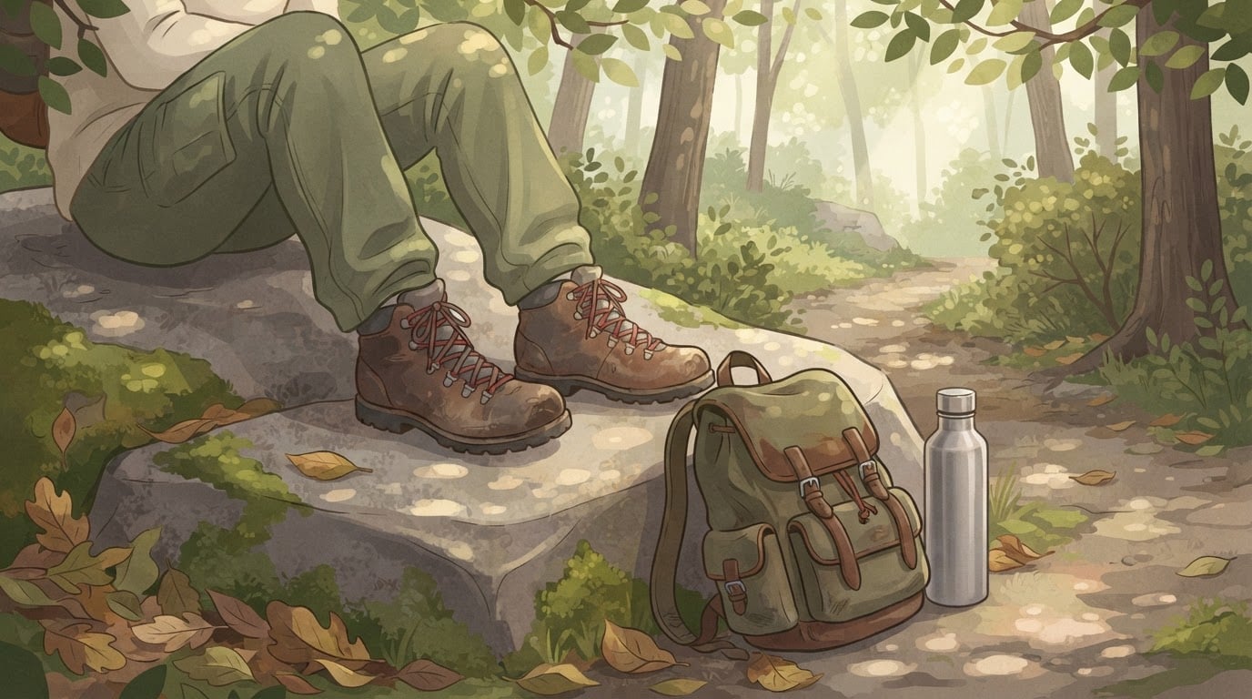 Ilustración de las botas y las piernas de un senderista descansando sobre un bloque de granito cubierto de musgo junto a un sendero de bosque, con una mochila de día verde y una botella de agua metálica lisa a sus pies