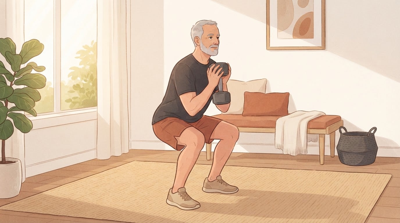 Ilustración de un hombre de pelo canoso, de unos sesenta años, haciendo una sentadilla goblet con una mancuerna sujeta contra el pecho sobre una alfombra en un salón soleado