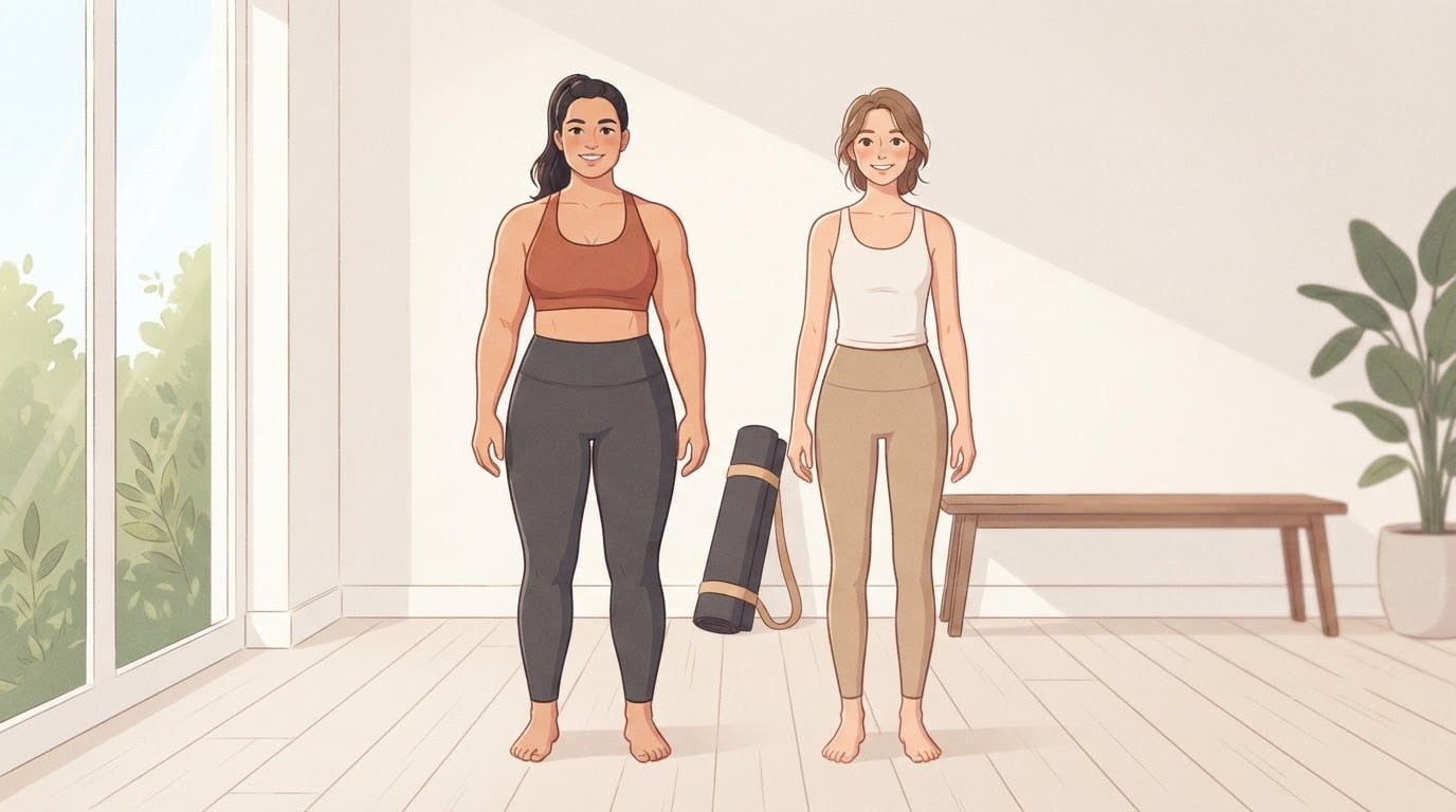 Ilustración de dos mujeres de la misma talla, una junto a la otra en un estudio luminoso en casa, una más ancha y musculosa que la otra, ambas relajadas y sonrientes
